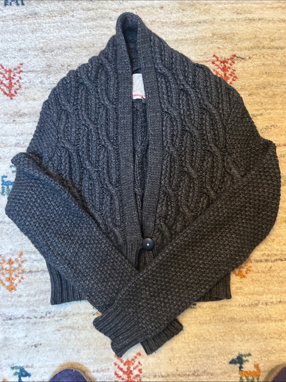Rebecca Taylor Charcoal Cable-Knit Shawl Collar Cardigan